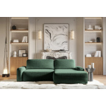 Colțar ~NUBO~ extensibil cu ladă de depozitare, material velur raiat catifelat, culoare verde smarald, 264/162 cm