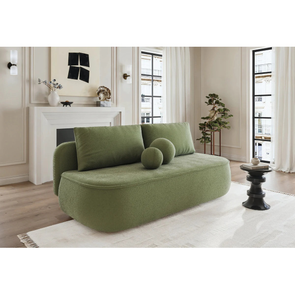 Canapea ~POLLY~ extensibilă cu ladă de depozitare, culoare verde olive, material boucle, 212 cm lungime - imagine 2