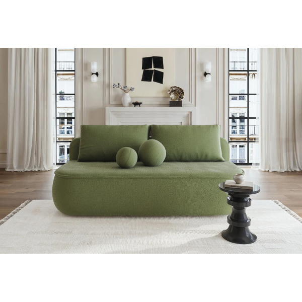 Canapea ~POLLY~ extensibilă cu ladă de depozitare, culoare verde olive, material boucle, 212 cm lungime - imagine 1