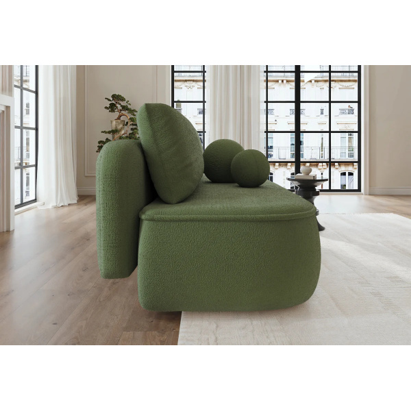 Canapea ~POLLY~ extensibilă cu ladă de depozitare, culoare verde olive, material boucle, 212 cm lungime - imagine 3