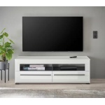 Comodă TV ~Napoli~ fronturi MDF, alb lucios, 2 sertare, mânere negre, 140 cm lungime