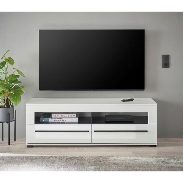 Comodă TV ~Napoli~ fronturi MDF, alb lucios, 2 sertare, mânere negre, 140 cm lungime - imagine 1