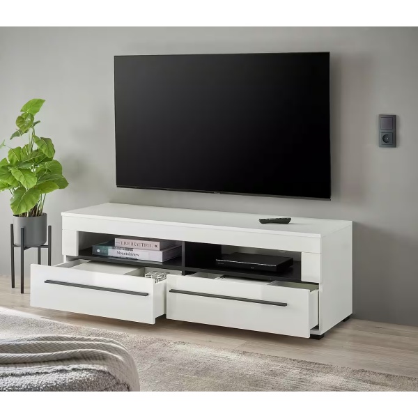 Comodă TV ~Napoli~ fronturi MDF, alb lucios, 2 sertare, mânere negre, 140 cm lungime - imagine 5