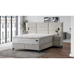 Boxspring ~MATHILDA~ 180x200 cm, lada de depozitare, saltea cu topper inclus, material boucle, culoare ivory