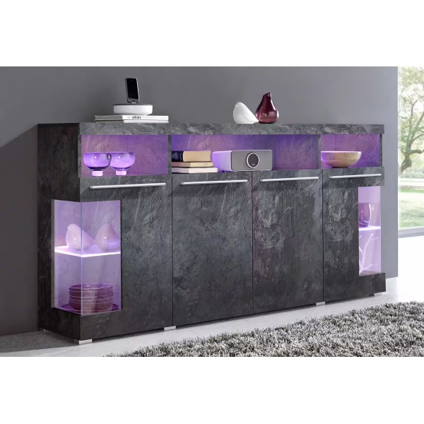 Comodă, 4 uși batante, LED-uri, culoare tip piatra, 182 cm lungime - imagine 1