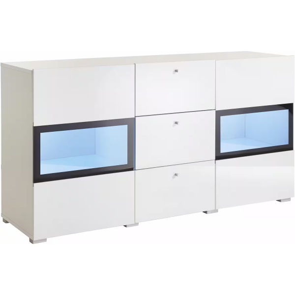Comodă, 2 uși și 3 sertare, culoare alb cu negru, LED-uri, 132 cm lungime - imagine 3
