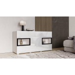 Comodă, 2 uși și 3 sertare, culoare alb cu negru, LED-uri, 132 cm lungime