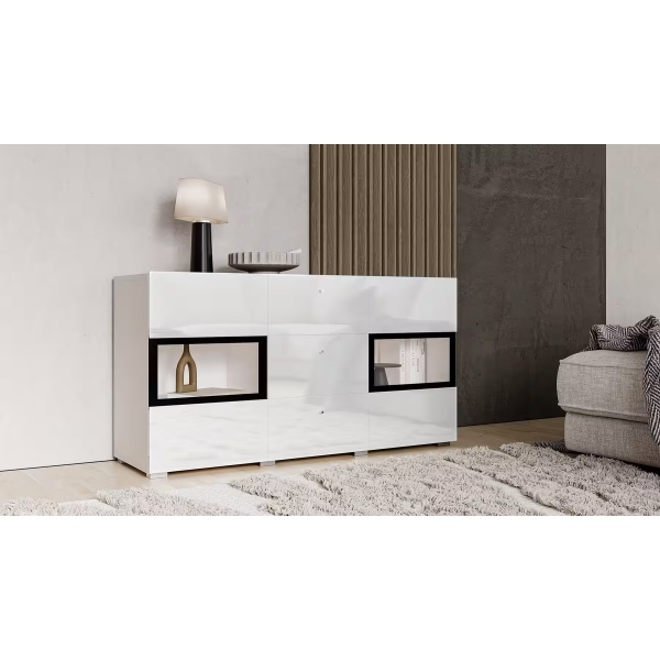 Comodă, 2 uși și 3 sertare, culoare alb cu negru, LED-uri, 132 cm lungime - imagine 1