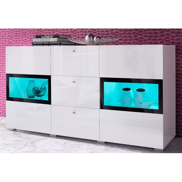 Comodă, 2 uși și 3 sertare, culoare alb cu negru, LED-uri, 132 cm lungime - imagine 2