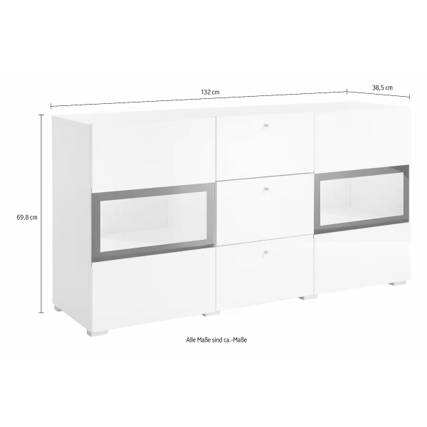 Comodă, 2 uși și 3 sertare, culoare alb cu negru, LED-uri, 132 cm lungime - imagine 7