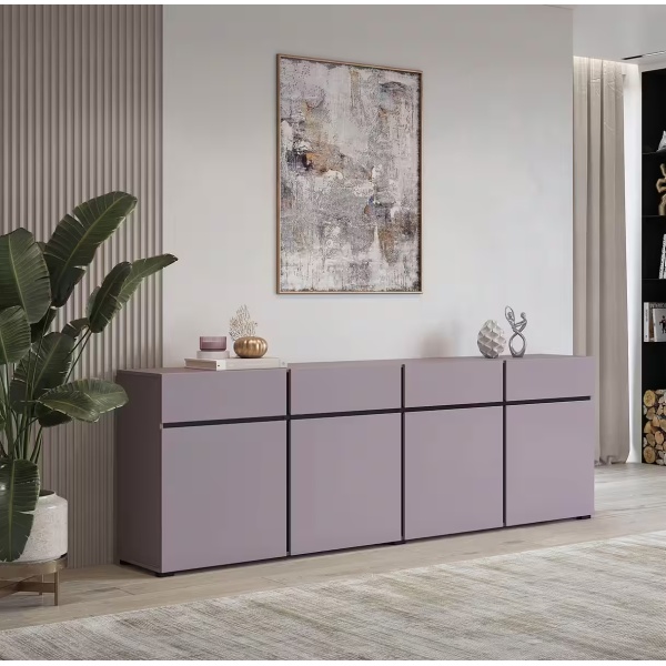 Comodă, 4 uși batante, 4 sertare, culoare mov-negru, 225 cm lungime - imagine 1