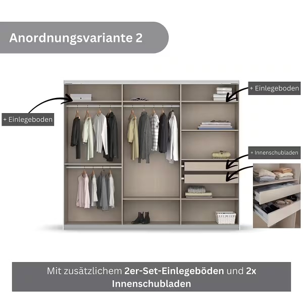 Dressing 271 cm lungime, 3 uși glisante, full alb, compartimentare premium, 229 cm înălțime - imagine 3