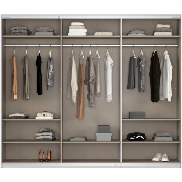 Dressing 271 cm lungime, 3 uși glisante, oglindă pe mijloc, culoare crem, compartimentare premium, 229 cm înălțime - imagine 3