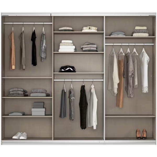 Dressing 271 cm lungime, 3 uși glisante, oglindă pe mijloc, culoare crem, compartimentare premium, 229 cm înălțime - imagine 4