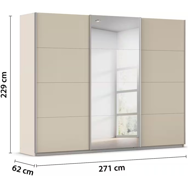 Dressing 271 cm lungime, 3 uși glisante, oglindă pe mijloc, culoare crem, compartimentare premium, 229 cm înălțime - imagine 13