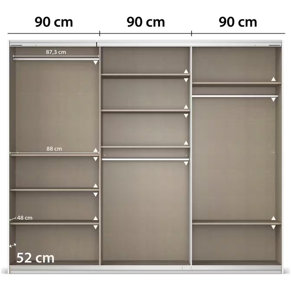 Dressing 271 cm lungime, 3 uși glisante, oglindă pe mijloc, culoare crem, compartimentare premium, 229 cm înălțime - imagine 14