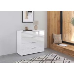 Comodă cu 4 sertare, închidere soft close, fronturi din sticlă, culoare albă, 93 cm lungime
