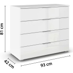 Comodă cu 4 sertare, închidere soft close, fronturi din sticlă, culoare albă, 93 cm lungime - imagine 4