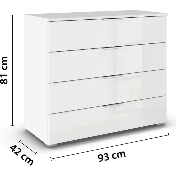 Comodă cu 4 sertare, închidere soft close, fronturi din sticlă, culoare albă, 93 cm lungime - imagine 4