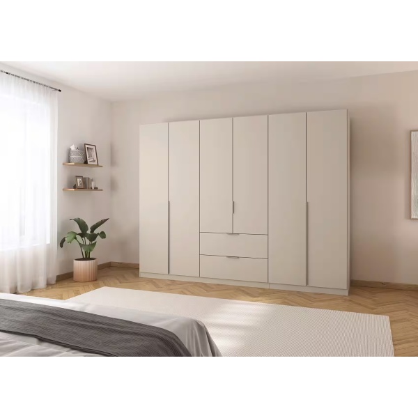 Dulap 271 cm lungime, 6 uși batante, 2 sertare, culoare cașmir, compartimentare premium, 229 cm înălțime - imagine 1