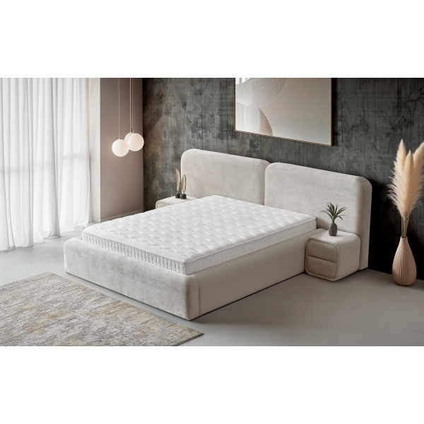Boxspring ~Bora Bora~ cu lada de depozitare, saltea cu topper integrat, material țesătură catifelată plușată, culoare ivory - imagine 1