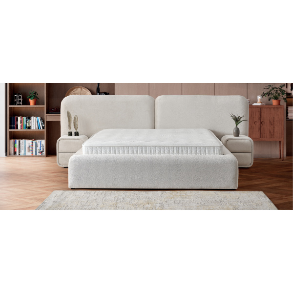 Boxspring ~Bora Bora~ cu lada de depozitare, saltea cu topper integrat, material țesătură catifelată plușată, culoare ivory - imagine 2