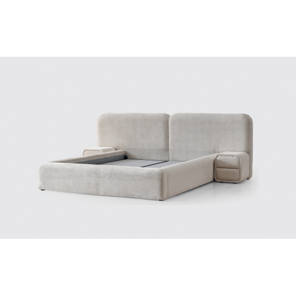 Boxspring ~Bora Bora~ cu lada de depozitare, saltea cu topper integrat, material țesătură catifelată plușată, culoare ivory - imagine 3