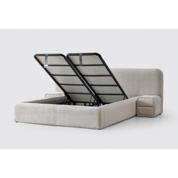 Boxspring ~Bora Bora~ cu lada de depozitare, saltea cu topper integrat, material țesătură catifelată plușată, culoare ivory - imagine 4