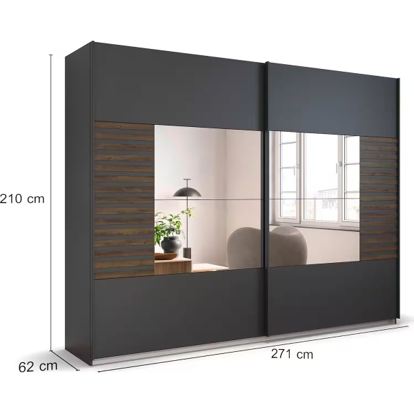 Dressing 271 cm lungime, 2 uși glisante, oglindă pe mijloc, riflaje, culoare gri antracit și maro, 210 cm înălțime - imagine 9