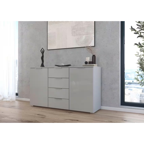 Comodă, 2 uși și 4 sertare, fronturi sticlă gri mătase, 140 cm lungime - imagine 1
