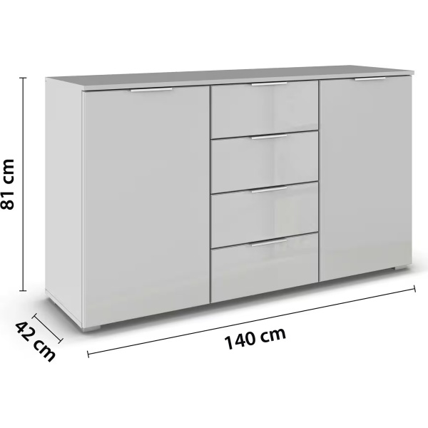 Comodă, 2 uși și 4 sertare, fronturi sticlă gri mătase, 140 cm lungime - imagine 4