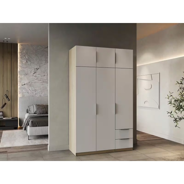 Dulap 120 cm lungime, 6 uși batante, 2 sertare, culoare alb-sonoma, 203 cm înălțime - imagine 1