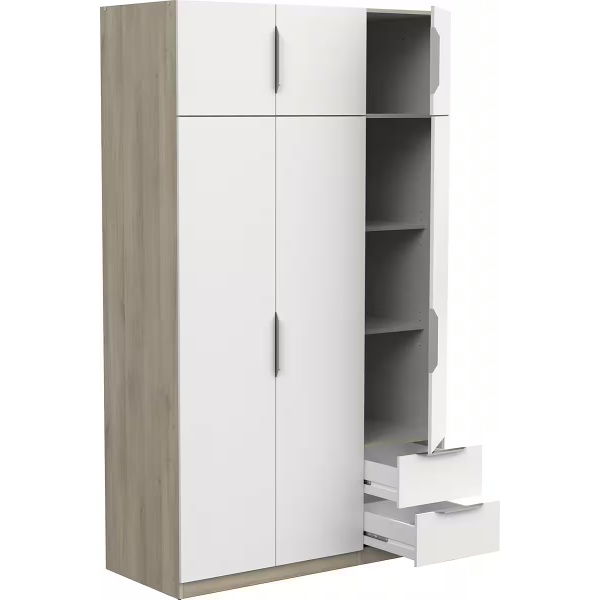Dulap 120 cm lungime, 6 uși batante, 2 sertare, culoare alb-sonoma, 203 cm înălțime - imagine 4