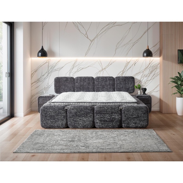Boxspring MARVEO cu ladǎ de depozitare, structurǎ metalicǎ, saltea premium cu topper integrat, culoare gri antracit, material cremona - imagine 2