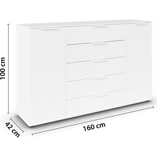 Comoda, 2 uși batante, 5 sertare, închidere soft close, culoare alb, 160 cm lungime - imagine 5