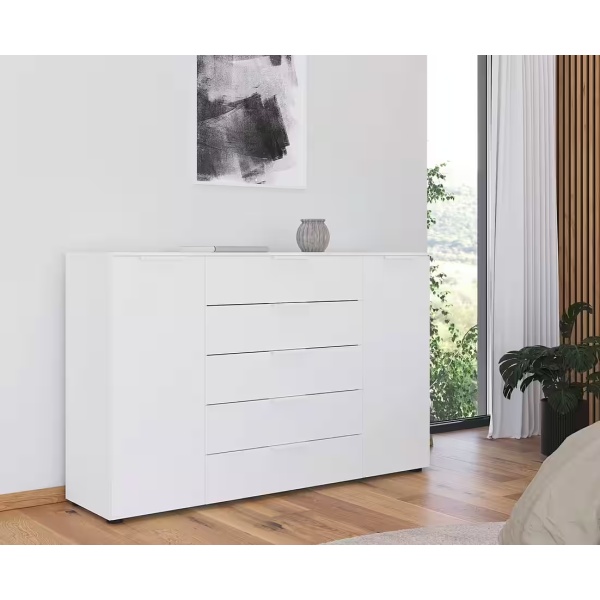 Comoda, 2 uși batante, 5 sertare, închidere soft close, culoare alb, 160 cm lungime - imagine 1