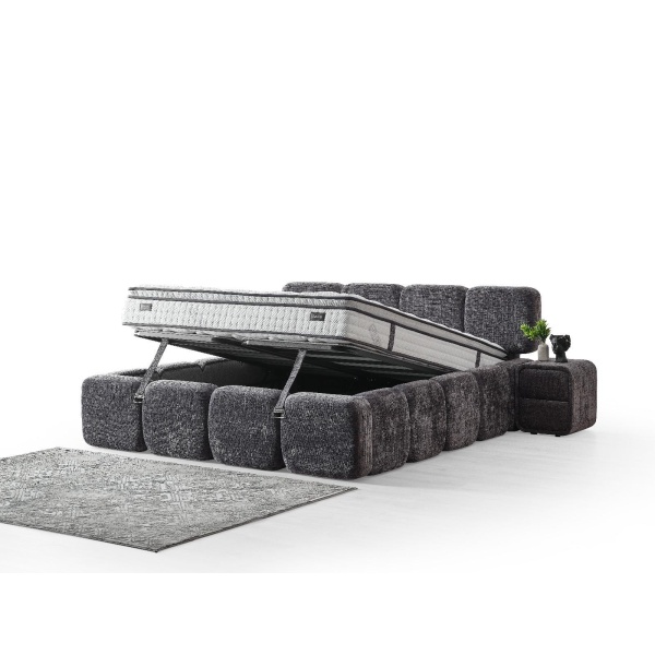 Boxspring MARVEO cu ladǎ de depozitare, structurǎ metalicǎ, saltea premium cu topper integrat, culoare gri antracit, material cremona - imagine 3