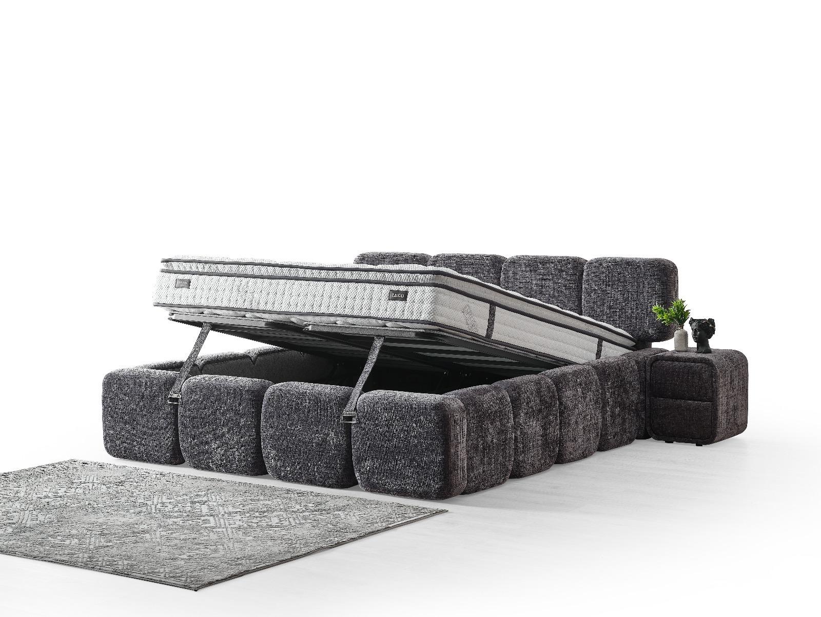 24dee887-9471-410e-8cfe-6465115044bb Boxspring MARVEO cu ladǎ de depozitare, structurǎ metalicǎ, saltea premium cu topper integrat, culoare gri antracit, material cremona - imagine 3