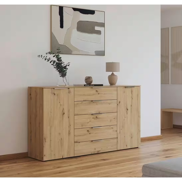 Comoda, 2 uși batante, 5 sertare, închidere soft close, culoare stejar, 180 cm lungime - imagine 1