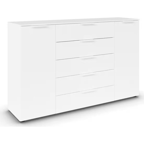 Comoda, 2 uși batante, 5 sertare, închidere soft close, culoare alb, 160 cm lungime - imagine 2