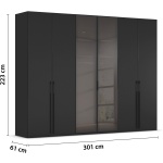 Dulap 301 cm lungime, 6 uși batante, sticlă pe mijloc, culoare negru lucios, fronturi sticla 223 cm înălțime, compartimentare premium - imagine 2