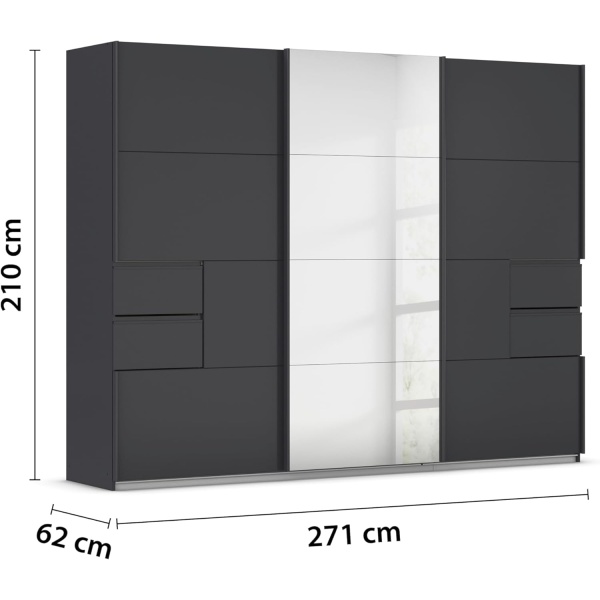 Dressing 271 cm lungime, 3 uși glisante, 4 sertare, oglinda pe mijloc, culoare gri antracit, 210 cm înălțime - imagine 3