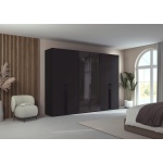 Dulap 301 cm lungime, 6 uși batante, sticlă pe mijloc, culoare negru lucios, fronturi sticla 223 cm înălțime, compartimentare premium