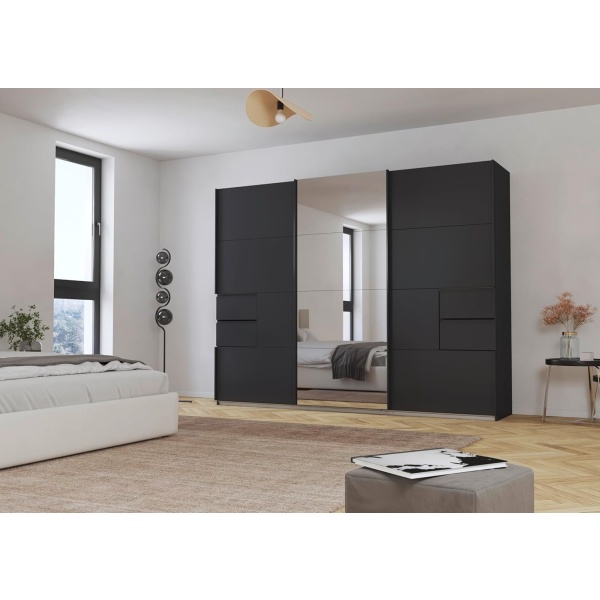 Dressing 271 cm lungime, 3 uși glisante, 4 sertare, oglinda pe mijloc, culoare gri antracit, 210 cm înălțime - imagine 1