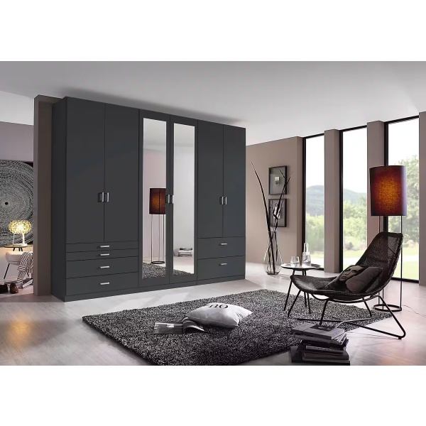 Dulap 270 cm lungime, 6 uși batante, 6 sertare, oglindă pe mijloc, culoare gri antracit, 230 cm înălțime - imagine 1