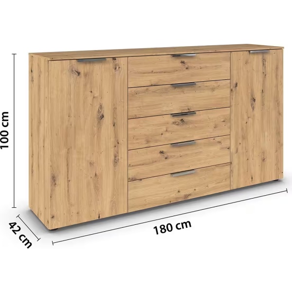 Comoda, 2 uși batante, 5 sertare, închidere soft close, culoare stejar, 180 cm lungime - imagine 7