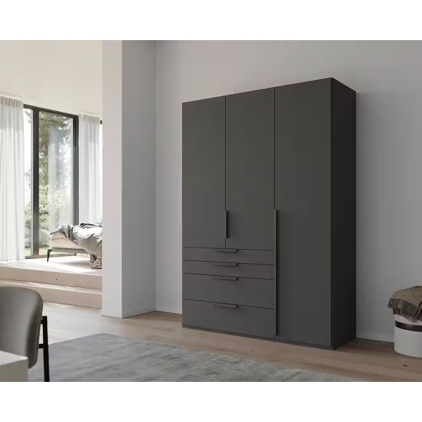 Dulap 151 cm lungime, 3 uși batante, 4 sertare, închidere soft close, culoare gri antracit, 223 cm înălțime - imagine 1