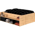 Pat boxspring 140x200 cm, cu lada de depozitare, sertare, rafturi, culoare stejar-negru - imagine 3