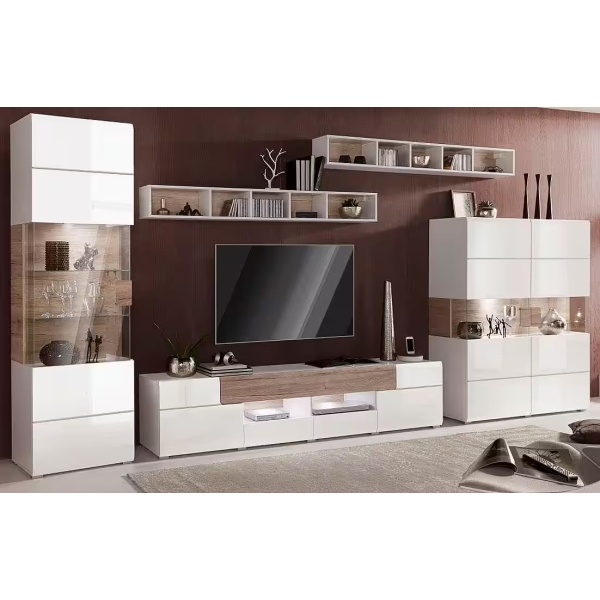 Set living format din 5 piese, fronturi lucioase, culoare alb cu stejar, 391 cm lungime - imagine 7
