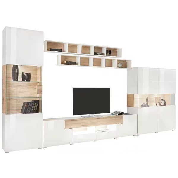 Set living format din 5 piese, fronturi lucioase, culoare alb cu stejar, 391 cm lungime - imagine 3